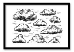 Depict clouds in a vintage, hand-drawn style characteristic of hipster culture, accompanied by doodle elements of the sky and atmosphere, and featuring a modern set of retro-engraved heavenly objects