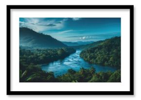 Stunning view of rainforest landscape with blue sky and river across the virgin jungle with empty copy space for text