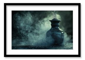 Mystical bottle releasing sparkling dust in a dark, enchanting atmosphere, Mystical bottle releasing a cloud of sparkling dust, set in a shadowy, spellbound environment