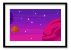 Pixel space background set - planets, stars and nebula clouds in vibrant colors. Retro 8 bit gaming sprites and pixelated cosmic elements. Minimalist aesthetic meshes for nostalgic galaxy game.