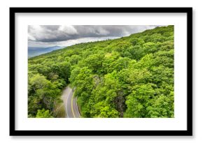 Road trip driving in Tennessee Appalachian mountains. Winding parkway in mountain forest with green canopies in summer rain season