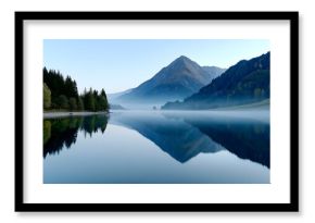 Majestic mountain reflected in a serene, misty lake