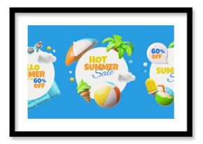 3D vector set of round frames with beach attributes, for seasonal hot discounts.