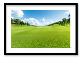Lush green golf course landscape on a sunny day with clear blue skies and verdant rolling hills