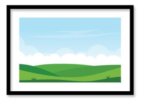 green filed with white cloud and blue sky. landscape cartoon background scene