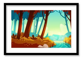 Autumn forest landscape with brown trees, orange leaves covering ground. Blue river flows through woods while black skunk releases green smelly cloud near water. Misty fall woodland background.