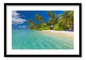 Scenic tropical beach paradise on exotic island. Relaxing palm trees sunny sea sand sky. Luxury summer vibes perfect travel destination for honeymoon coastal adventures. Majestic best tourism nature