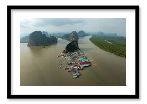 Aerial view of Panyee island in Phang Nga Thailand,Wide angle landscape Floating village, Koh Panyee fishing village island in Phang Nga, Thailand.
