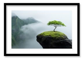 A solitary tree grows on a moss-covered rock ledge overlooking misty mountains