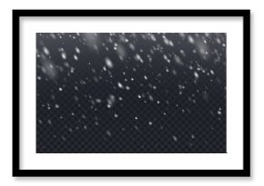 Snow overlay with falling white flake particles on transparent bg. Winter weather effect with various sizes of snowflakes. Realistic frozen precipitation for seasonal designs and holiday compositions.