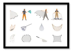 Fishing net icons set. Fishermen using different types of fishing nets, showcasing various net designs used in the fishing industry for efficient catches