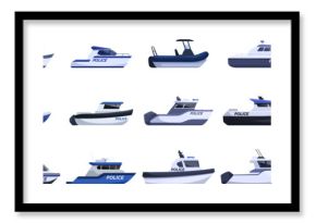 Police boat icons set. Diverse fleet of police patrol boats safeguarding coastal areas, conducting maritime patrols, and ensuring public safety on the water