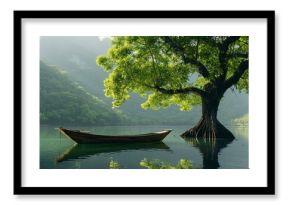 Beautiful landscape boat and growing tree in water generative AI concept