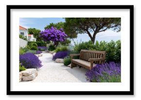 Gravel garden path with blooming lavender and wooden bench inviting to relax