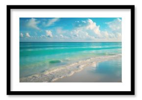 Calm turquoise water softly lapping the white sand beach of Xpu-Ha in Riviera Maya, Mexico, beneath a cloudy sky