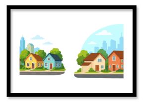 Urban and suburban houses side by side showcasing modern architecture and greenery in a vibrant cityscape
