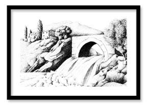 Collapsing dam wall with rushing torrent in rustic countryside landscape