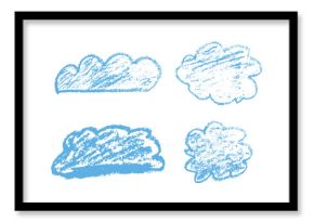 Colorful hand drawn clouds with chalk and wax crayon texture. A playful set of sketchy shape. Rough lines and bold shapes
