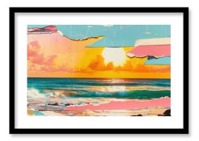 Panorama view of retro tropical beach with pop art abstract background. Generative ai.