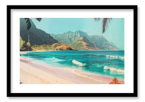 Panorama view of retro tropical beach with pop art abstract background. Generative ai.