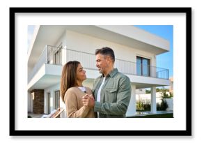 Happy smiling older family couple new property buyers modern villa owners standing outside house, affectionate middle aged man and woman in love hugging outdoors. Vacation home rentals.