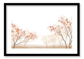 watercolor outline of bare trees with scattered red-orange leaves and soft golden fog