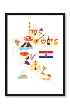 Travel to Croatia set, culture elements and landmarks, food in infographic map with Croatian flag. Waterfall scenery and yacht in sea waves, cute iris flower and wine cartoon vector illustration