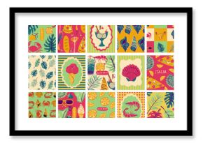 Set of vintage summer post cards. Retro style beach vacation postage sticker background illustration. Summertime season mail postmark texture print, postal label wallpaper.