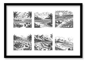 Beach Landscape Set collection bundle sketch engraving generative ai vector illustration. Scratch board imitation. Black and white image.