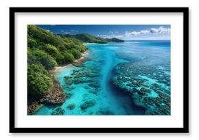 Aerial view of the Great Barrier Reef, Australia. Focused on vibrant blue waters and intricate coral reefs, with a clear sky in the background.