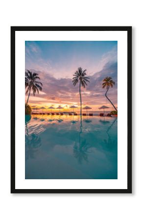 Beautiful sunset at luxury infinity pool resort palm trees umbrellas reflecting tranquil water showcasing a serene tropical paradise ideal luxury travel peaceful vacations relaxing getaway moments