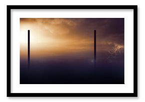 Two slender vertical pillars are rising in flat design, featuring fog, sun, storm clouds, lightning