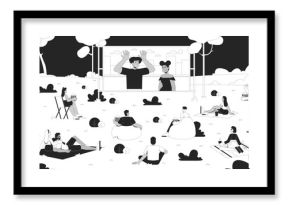 Outdoor movie night in park line illustration. Open-air film festival. People watching cinema screen on picnic blankets with popcorn 2D ink linear characters monochrome. Flat outline vector image