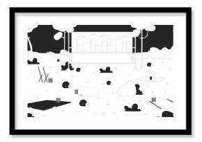 Empty park setup with outdoor movie screen and seating line illustration backdrop. Popcorn bean bags. Open-air projector screen at summer night 2D ink outline monochrome background. Lineart vector