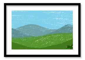 Grass and sky background. Crayon kid landscape with spring field. Vector green grass, flower, blue sky, cloud child wax pastel painting. Spring nature meadow landscape crayon illustration background.