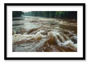 The water in the river during the rainy season is brown and murky with strong currents, with empty space for text