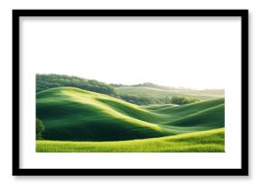 Gentle green hills with scattered trees and forest patches, isolated on transparent background