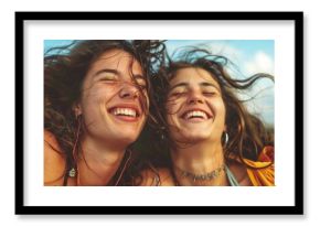 Two carefree young women are laughing together with their hair blowing in the wind, enjoying a moment of pure joy and happiness