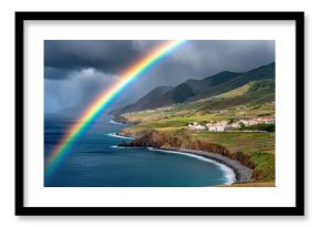 Rainbow spanning coastline under stormy clouds with verdant hills and blue ocean