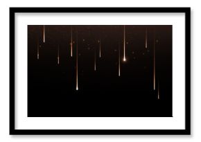 Golden shooting stars cascade down dark night background - meteor shower with warm light trails and sparkles for luxury celebration, festive event decoration and magical space themed design elements.