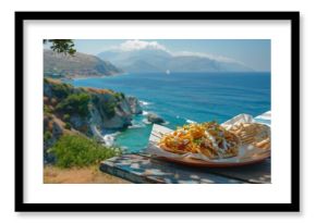 Gyros pita served on a wooden table with a breathtaking view of the ionian sea and greek coastline