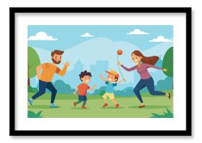 A family playing a game of tag in the park their energy and excitement palpable.. Vector illustration