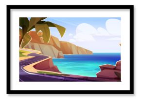 Cartoon coastal road winding along turquoise sea with rocky cliffs and tropical plants - scenic trip route through paradise beach landscape. Vibrant travel illustration for tourism background.