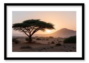 Serene african desert landscape with acacia tree and sunset