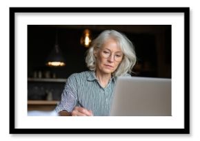 Serious mature older adult woman watching training webinar on laptop working from home or in office. 60s middle aged businesswoman taking notes while using computer technology sitting at table., no l