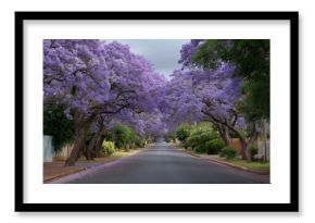 Jacaranda trees create a purple canopy over a quiet street in springtime