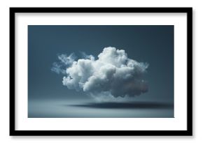 Realistic white cloud floating on a dark blue background, casting a soft shadow, creating a dreamy and surreal atmosphere