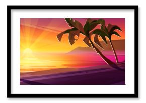 Tropical sunset road with glowing horizon over sea - vibrant pink and orange sky with palm trees and coastal cliffs. Dreamy trip scene for vacation games, travel apps or paradise adventure background.