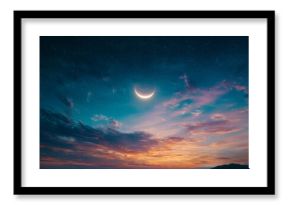 Crescent moon illuminates vibrant sunset sky over distant mountains during twilight