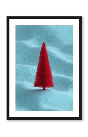 Scarlet miniature tree, surreal desert oasis dreams, whimsical Festivus celebration, contrasting azure sandscape, imaginative Festivus Holiday decor